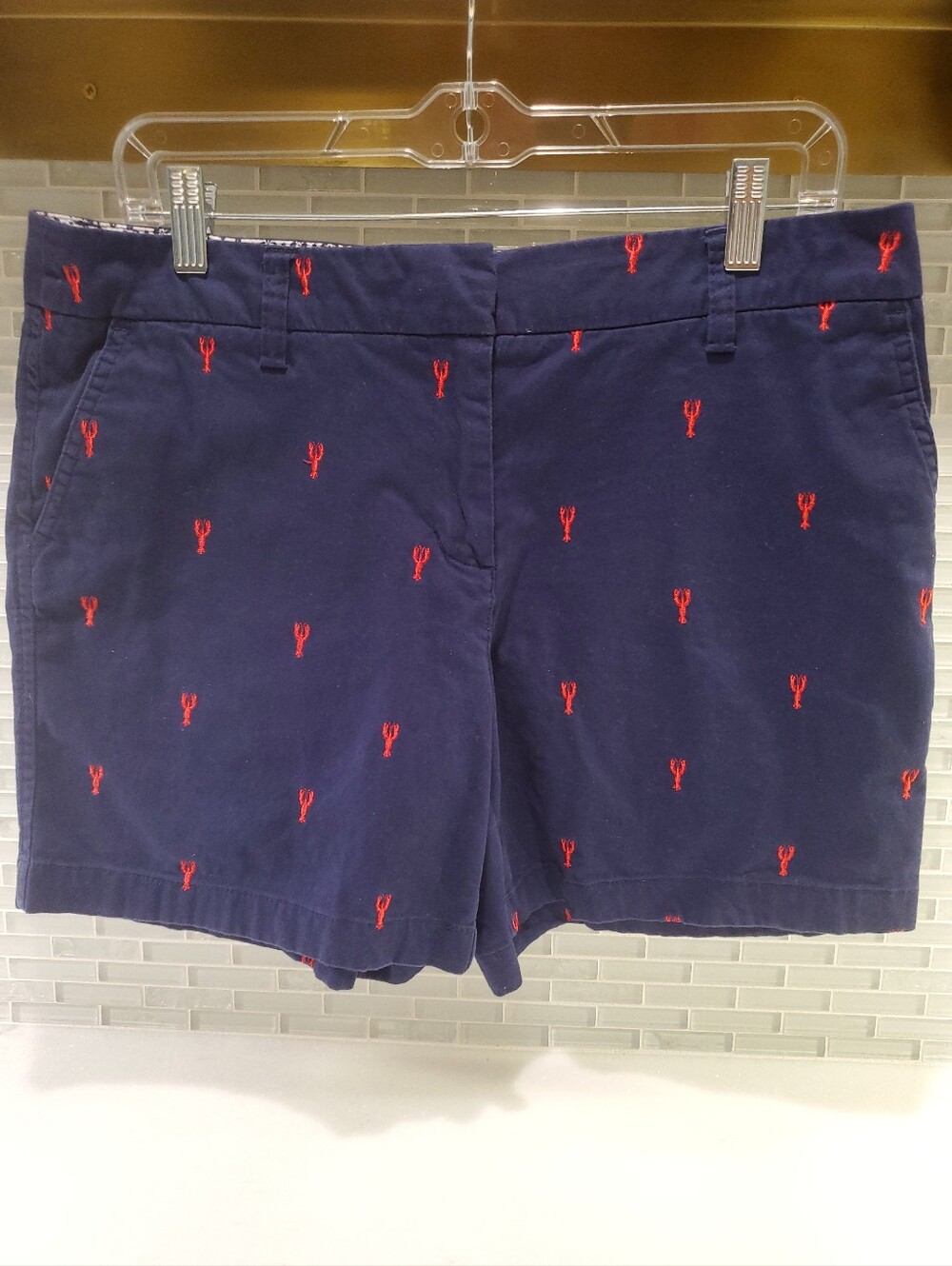 British Khaki Navy Blue Chino Shorts Red Embroidered Lobsters Women's Size 10